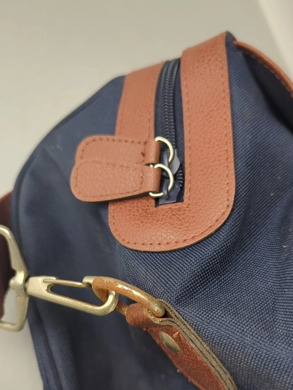 POLO RALPH LAUREN Navy Blue Canvas Duffel Bag with Brown Trim